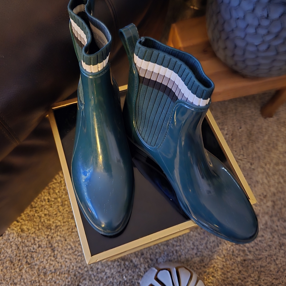 Serra Green Ankle Rain Bootie with Striped Cuff